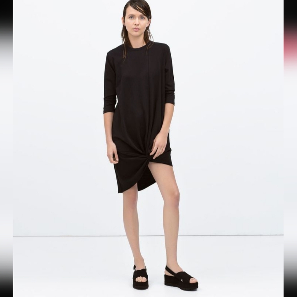 Zara Black Knit Crew Neck Knotted Front Hem High-low T-Shirt Dress 3/4 Sleeve SM
